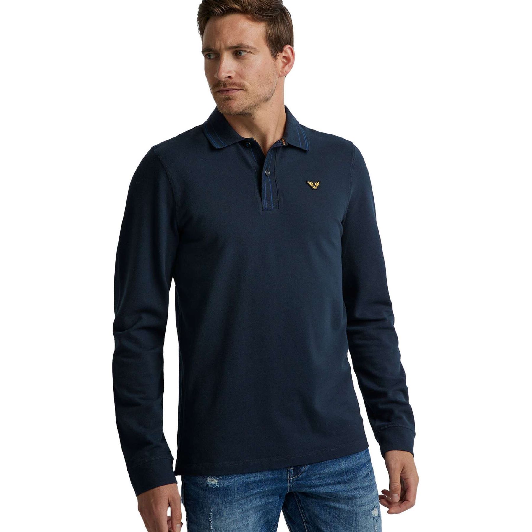 Long sleeve polo peached pique